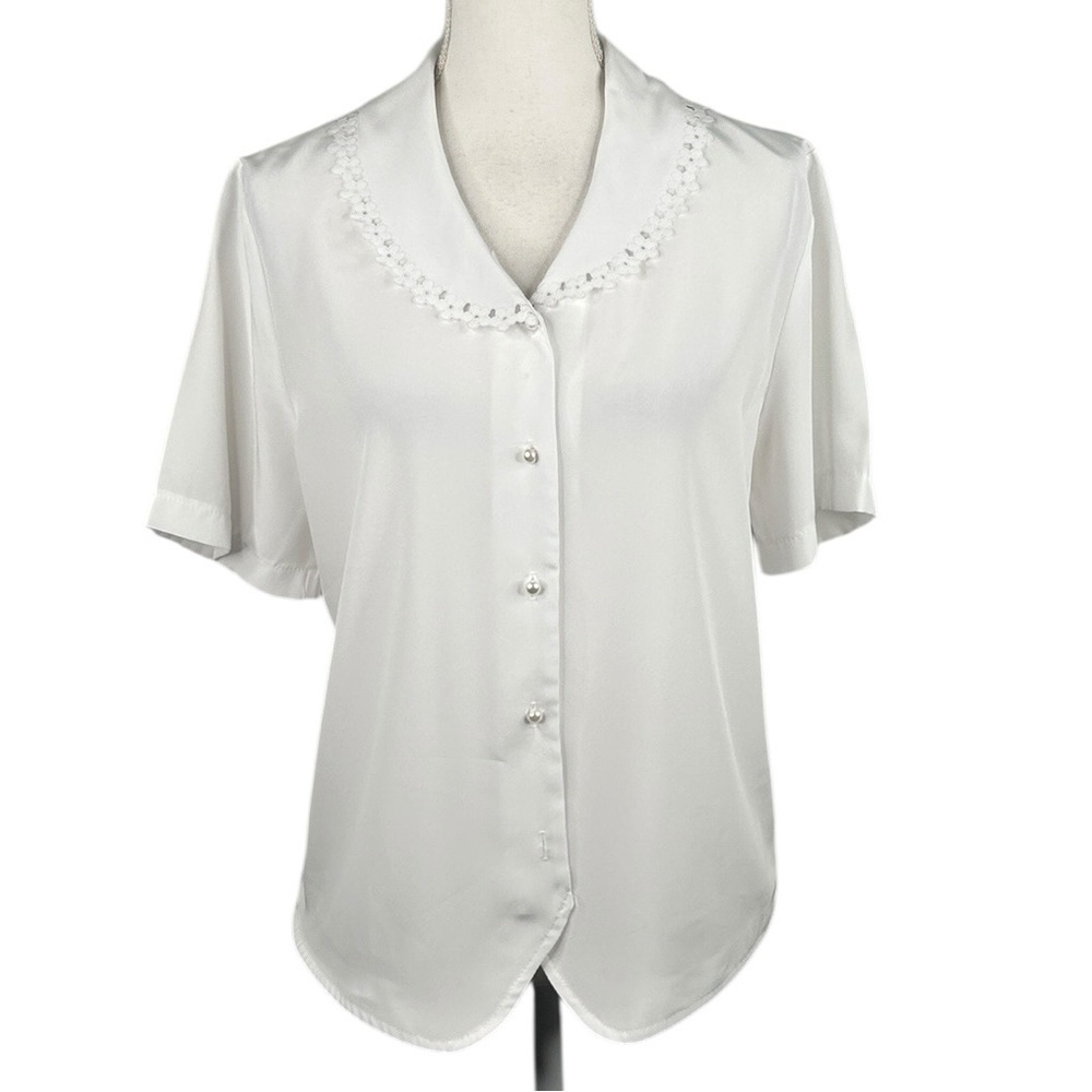 Lauren Lee White Vintage Die Cut Pearl Button Down Collar Top Size Large (12)